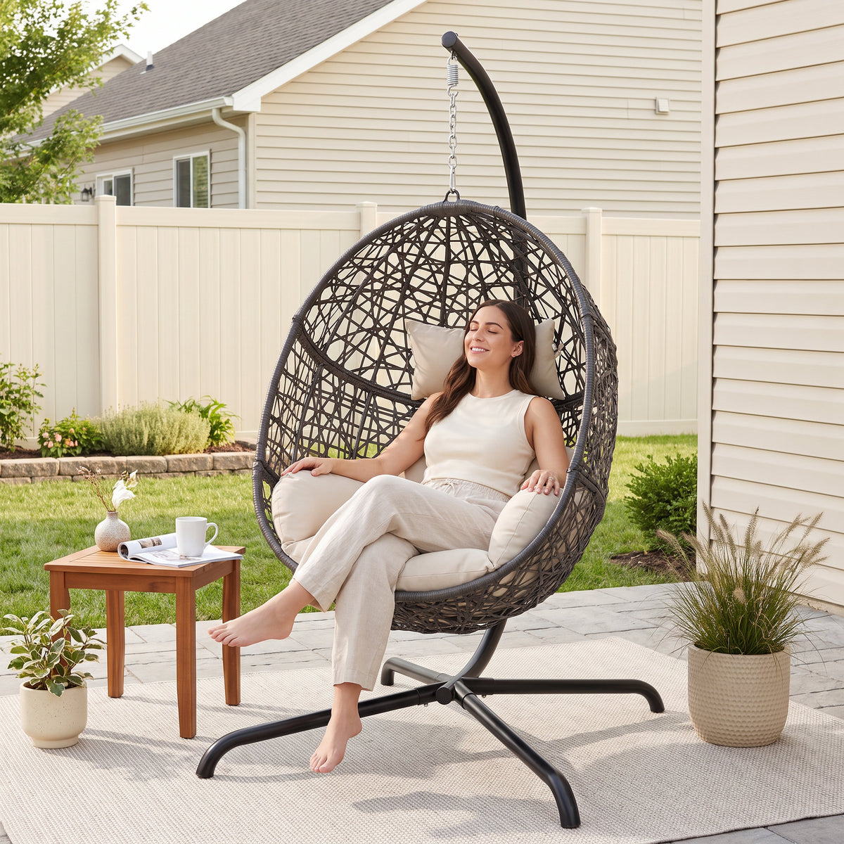 RADIATA Hanging Egg Chair with Stand, Outdoor Indoor Wicker Swing Chair, 350Lbs Nest Chair with Cushions, All-Weather Patio Hammock Seat for Porch Balcony Garden