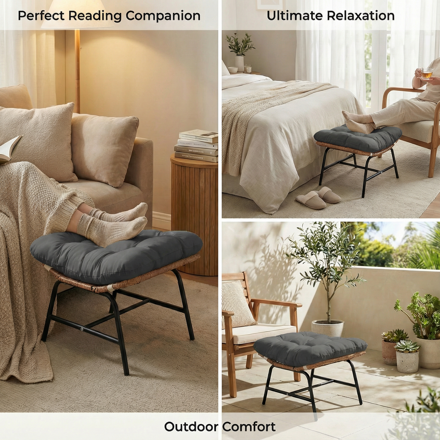 RADIATA 2Pcs Footrest Stool for Egg Chair Outdoor, Boho Portable Comfy Ottoman with Thick Cotton Cushion Padded Sofa Stool with Metal Frame for Lazy Chair, Living Room & Bedroom,Gray