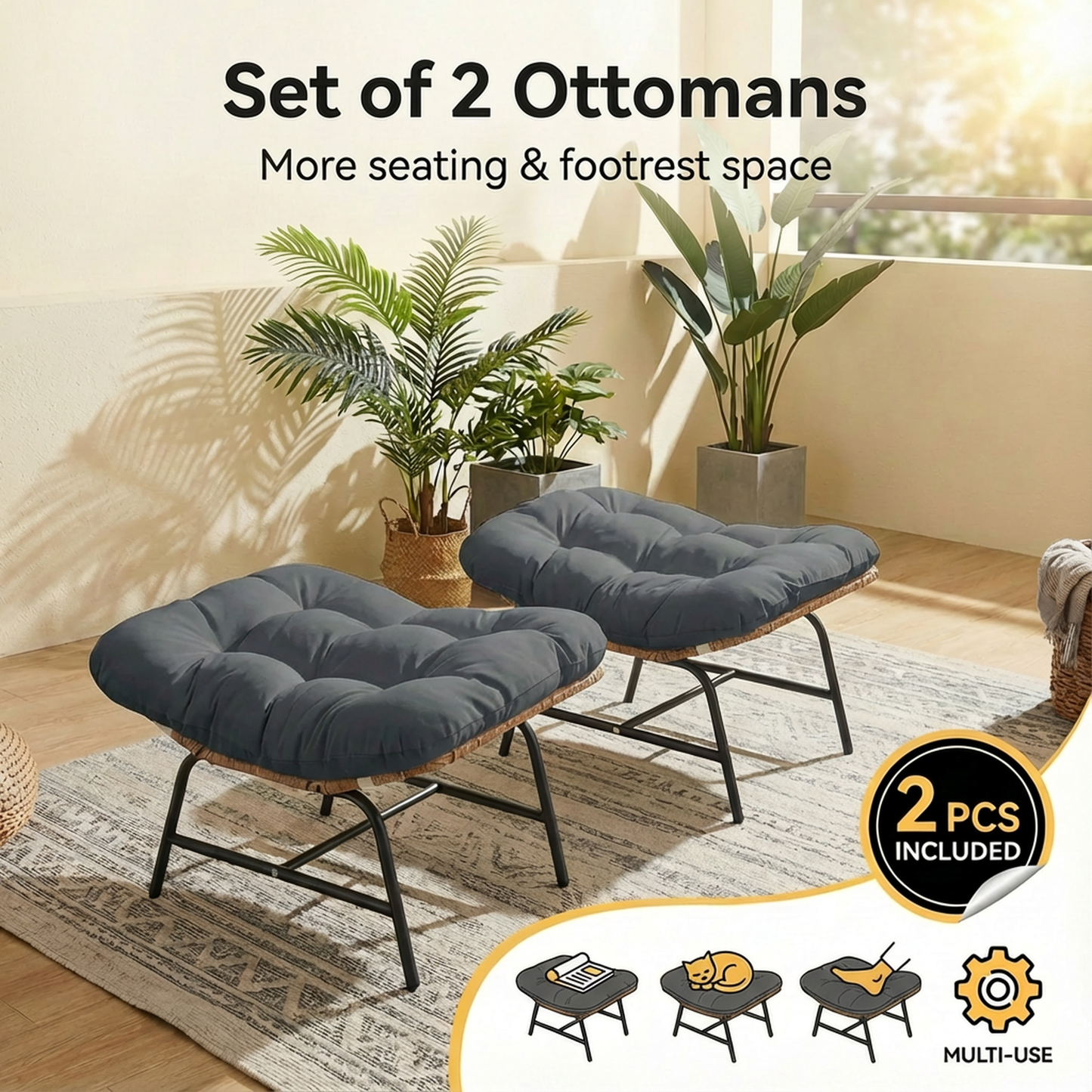 RADIATA 2Pcs Footrest Stool for Egg Chair Outdoor, Boho Portable Comfy Ottoman with Thick Cotton Cushion Padded Sofa Stool with Metal Frame for Lazy Chair, Living Room & Bedroom,Gray