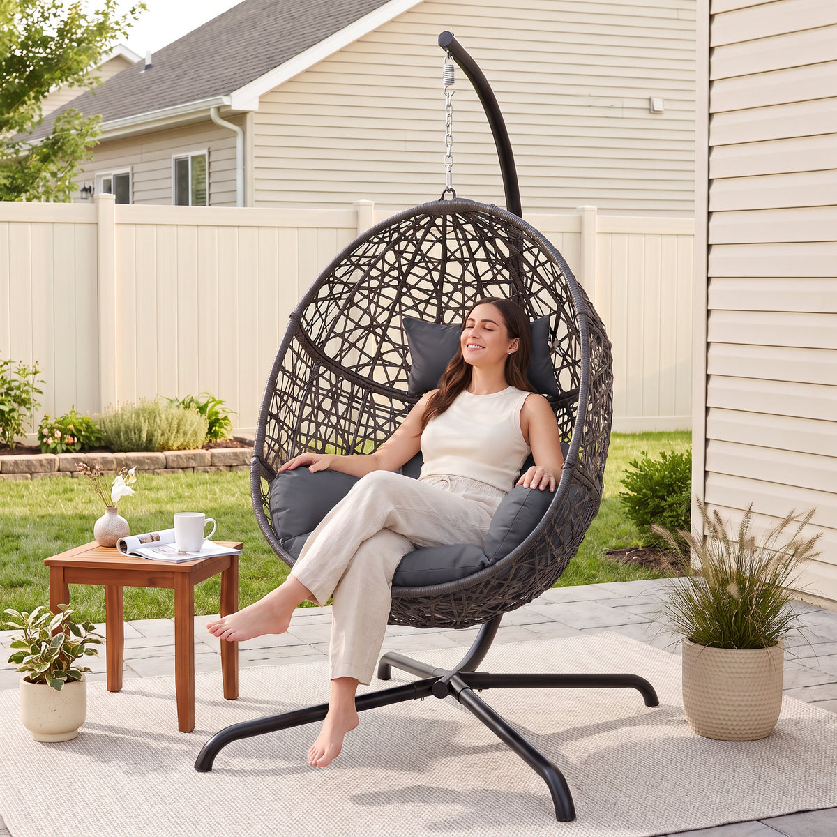 RADIATA Hanging Egg Chair with Stand, Outdoor Indoor Wicker Swing Chair, 350Lbs Nest Chair with Cushions, All-Weather Patio Hammock Seat for Porch Balcony Garden