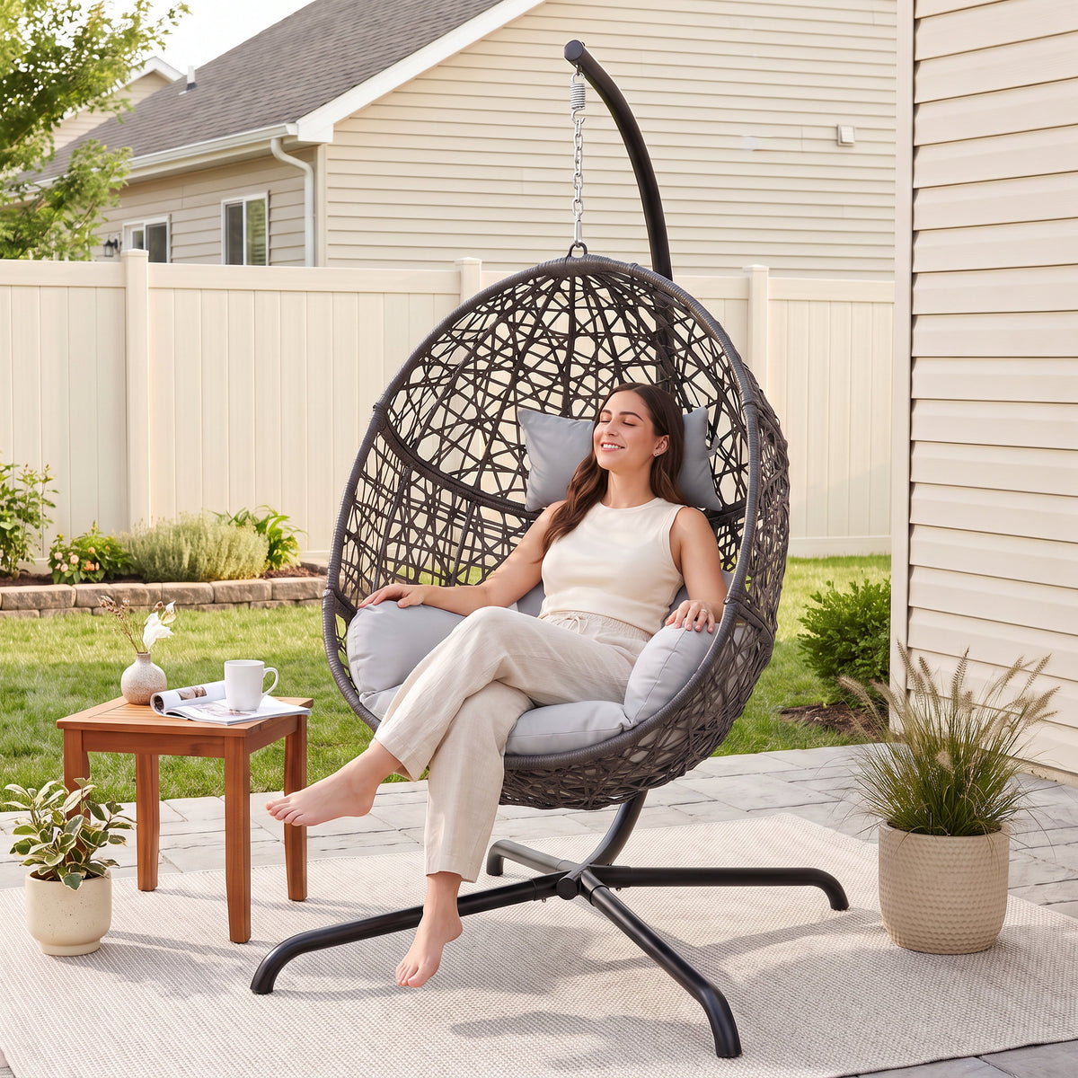 RADIATA Hanging Egg Chair with Stand, Outdoor Indoor Wicker Swing Chair, 350Lbs Nest Chair with Cushions, All-Weather Patio Hammock Seat for Porch Balcony Garden