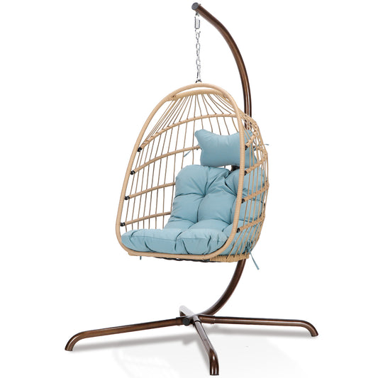 RADIATA Outdoor Wicker Egg Chair with Stand Blue Hanging Swing Chair 350lbs for Living Room Bedroom
