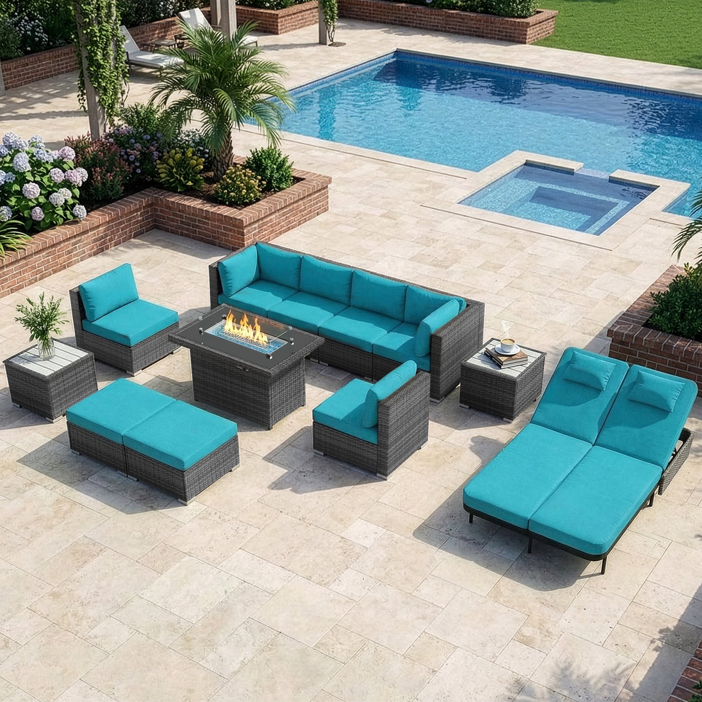 RADIATA 10-Piece Patio Furniture Set with Fire Pit Table, Outdoor Sectional with 43" 60000 BTU Firepit Table, Double Chaise Lounge, High Back Wicker Outdoor Sectional with Fire Pit Set,Dark Gray