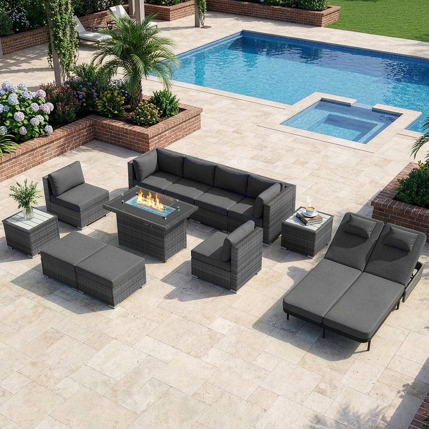 RADIATA 10-Piece Patio Furniture Set with Fire Pit Table, Outdoor Sectional with 43" 60000 BTU Firepit Table, Double Chaise Lounge, High Back Wicker Outdoor Sectional with Fire Pit Set,Dark Gray