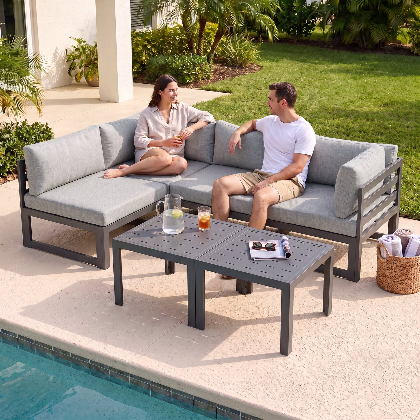 RADIATA 6pcs Outdoor Aluminum Furniture Set with 29" Seats, Oversized Modular Conversation Set Sectional Sofa, 500 lb Capacity,4" Cushions, 2 Corner&2 Armless Chairs&2 Tables