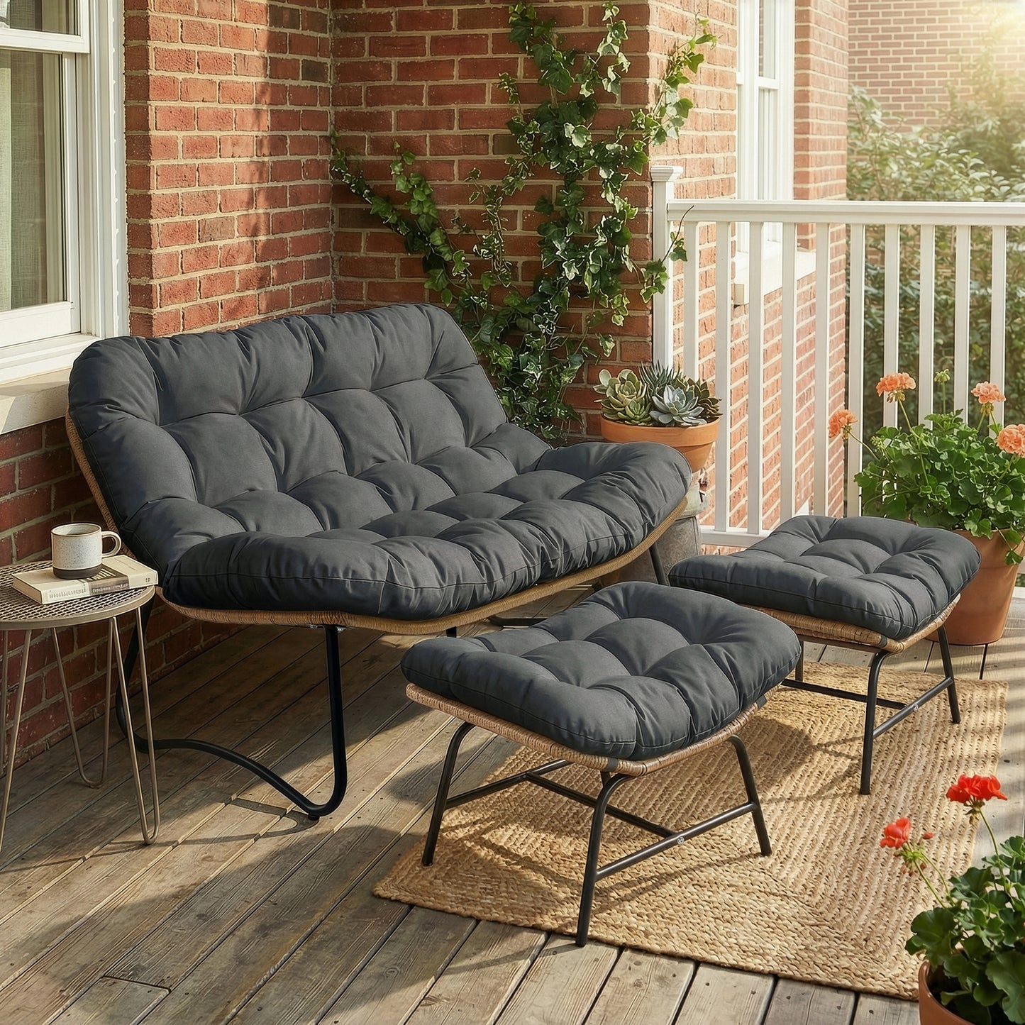 Radiata Patio Loveseat, Outdoor Loveseat, Double Papasan Lounge Chair, Outdoor Wicker Loveseat – 5.5" Thick Cushion, 600 Lb Capacity,Dark Gray