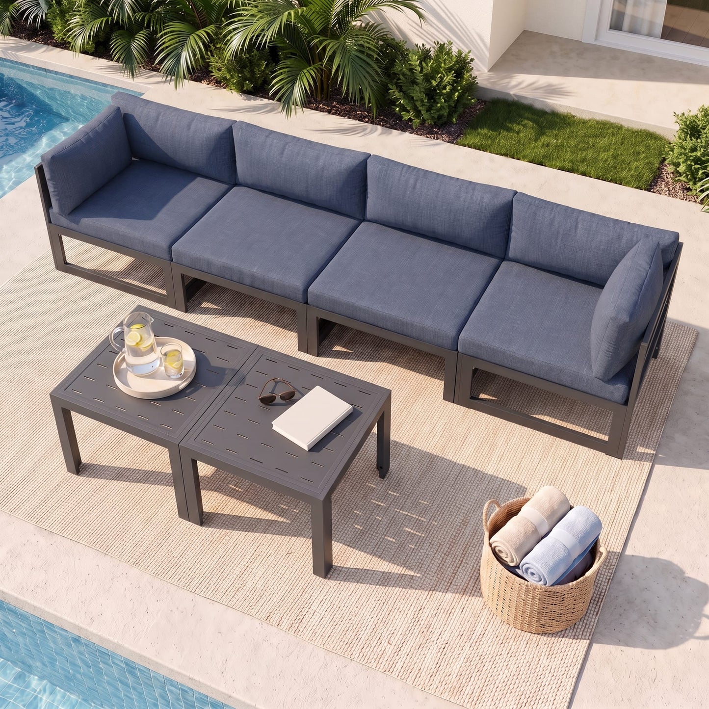 RADIATA 6pcs Outdoor Aluminum Furniture Set with 29" Seats, Oversized Modular Conversation Set Sectional Sofa, 500 lb Capacity,4" Cushions, 2 Corner&2 Armless Chairs&2 Tables