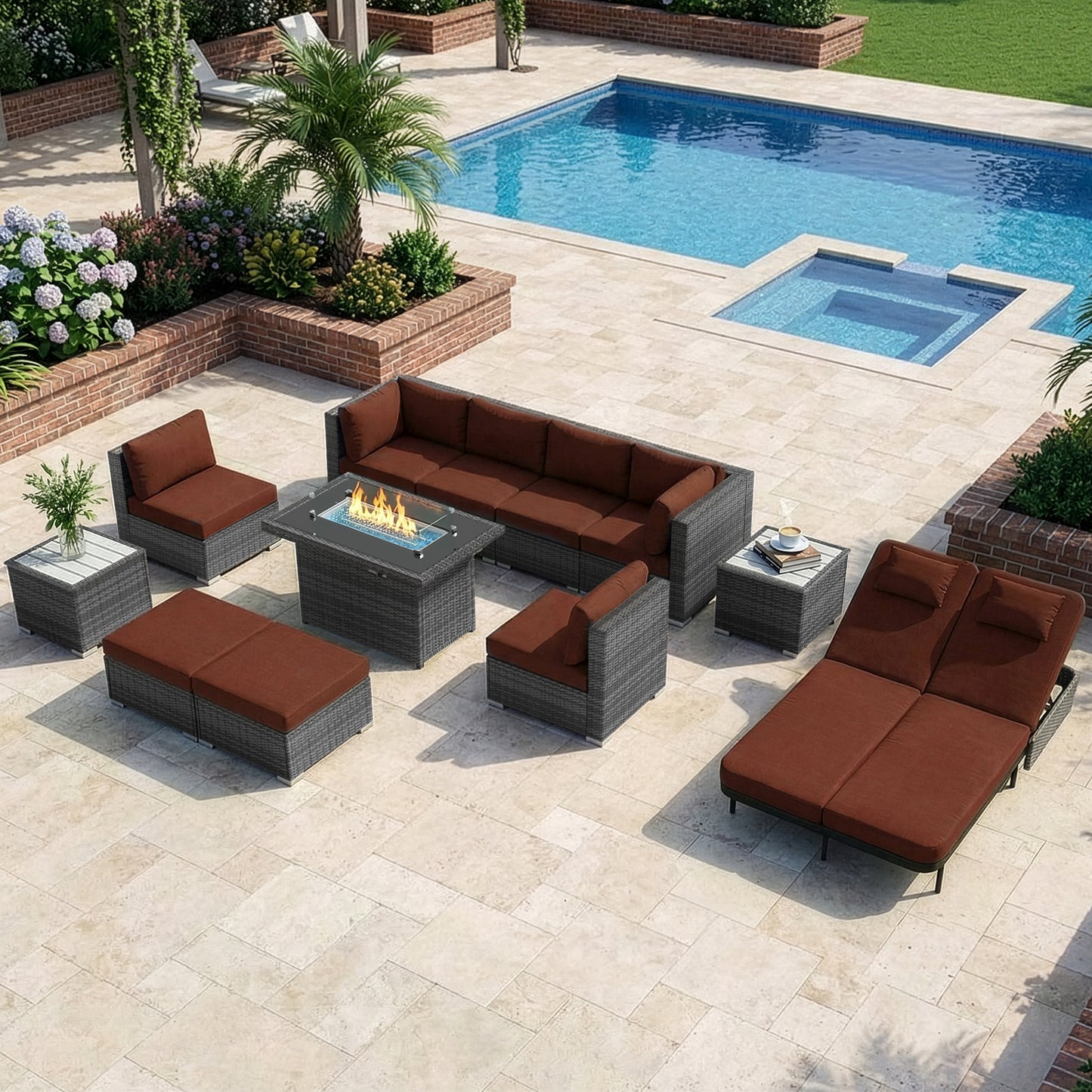 RADIATA 10-Piece Patio Furniture Set with Fire Pit Table, Outdoor Sectional with 43" 60000 BTU Firepit Table, Double Chaise Lounge, High Back Wicker Outdoor Sectional with Fire Pit Set,Dark Gray