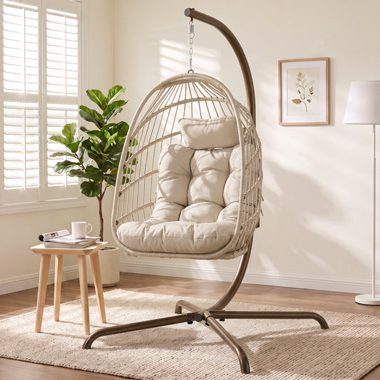 RADIATA Outdoor Wicker Egg Chair with Stand Blue Hanging Swing Chair 350lbs for Living Room Bedroom