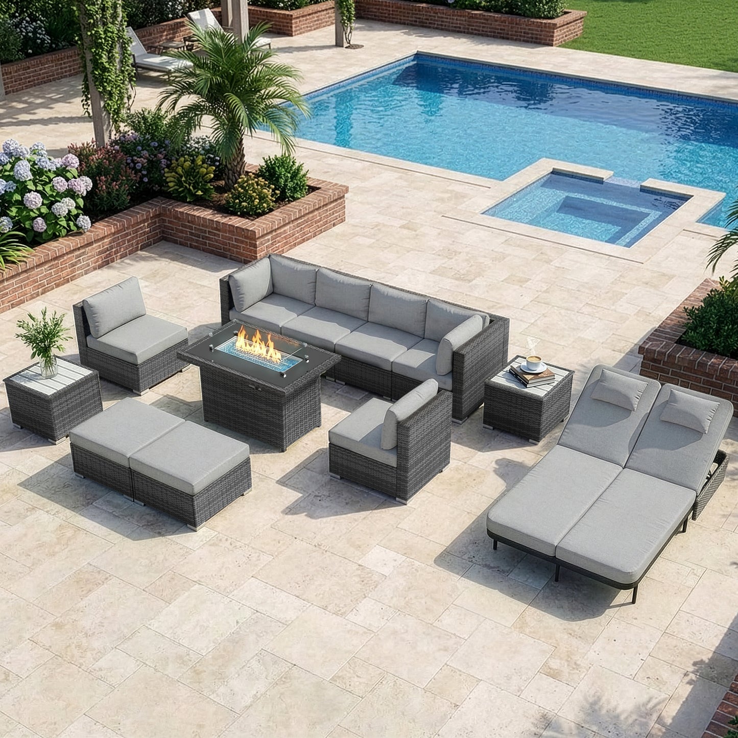 RADIATA 10-Piece Patio Furniture Set with Fire Pit Table, Outdoor Sectional with 43" 60000 BTU Firepit Table, Double Chaise Lounge, High Back Wicker Outdoor Sectional with Fire Pit Set,Dark Gray