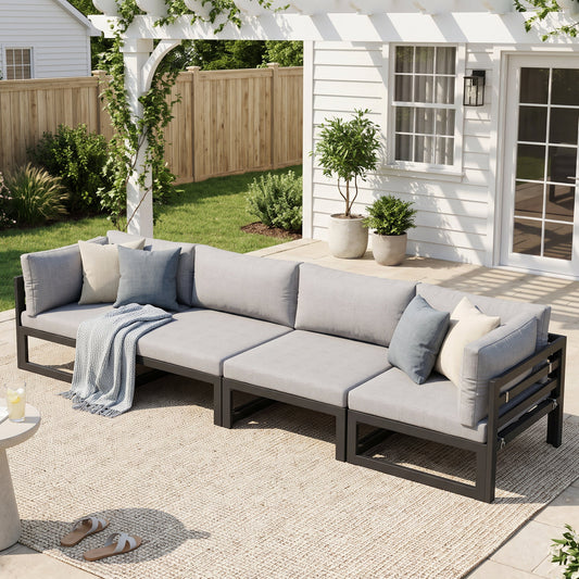 RADIATA 4pcs Outdoor Oversized Aluminum Furniture Set with 29" Seats, Modular Conversation Set Sectional Sofa set with 500 lb Capacity,4" Cushions, 2 Corner & 2 Armless Chairs, Gray&Dark Gray