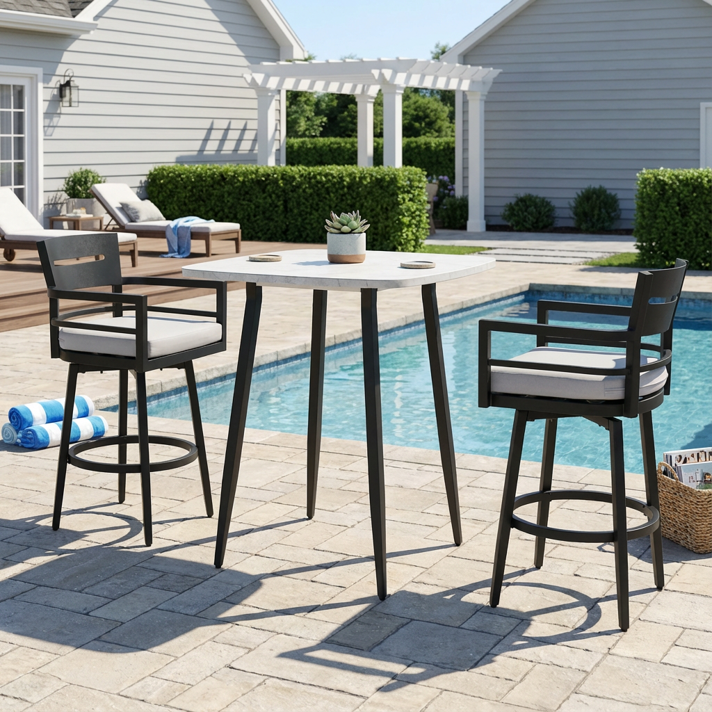 RADIATA Aluminum Bar Height Patio Table, Scratch-Resistant Marble-Look Tabletop with Umbrella Hole, High Top Outdoor Table (200 lb Capacity)