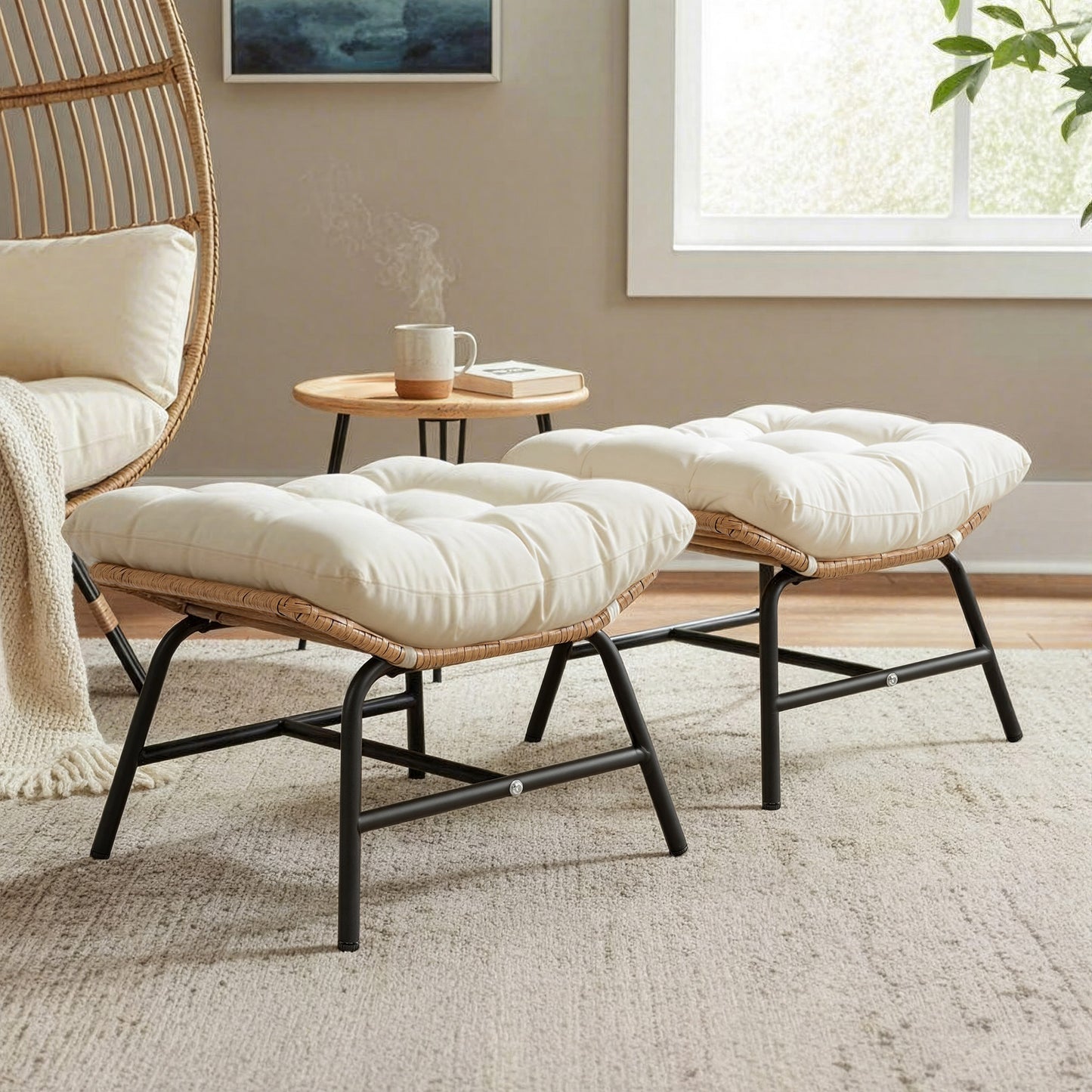 RADIATA 2Pcs Footrest Stool for Egg Chair Outdoor, Boho Portable Comfy Ottoman with Thick Cotton Cushion Padded Sofa Stool with Metal Frame for Lazy Chair, Living Room & Bedroom,Gray