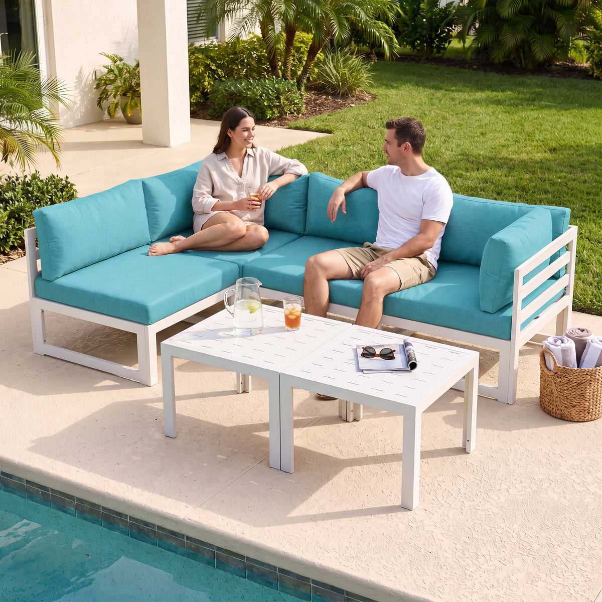 RADIATA 6pcs Outdoor Aluminum Furniture Set with 29" Seats, Oversized Modular Conversation Set Sectional Sofa, 500 lb Capacity,4" Cushions, 2 Corner&2 Armless Chairs&2 Tables