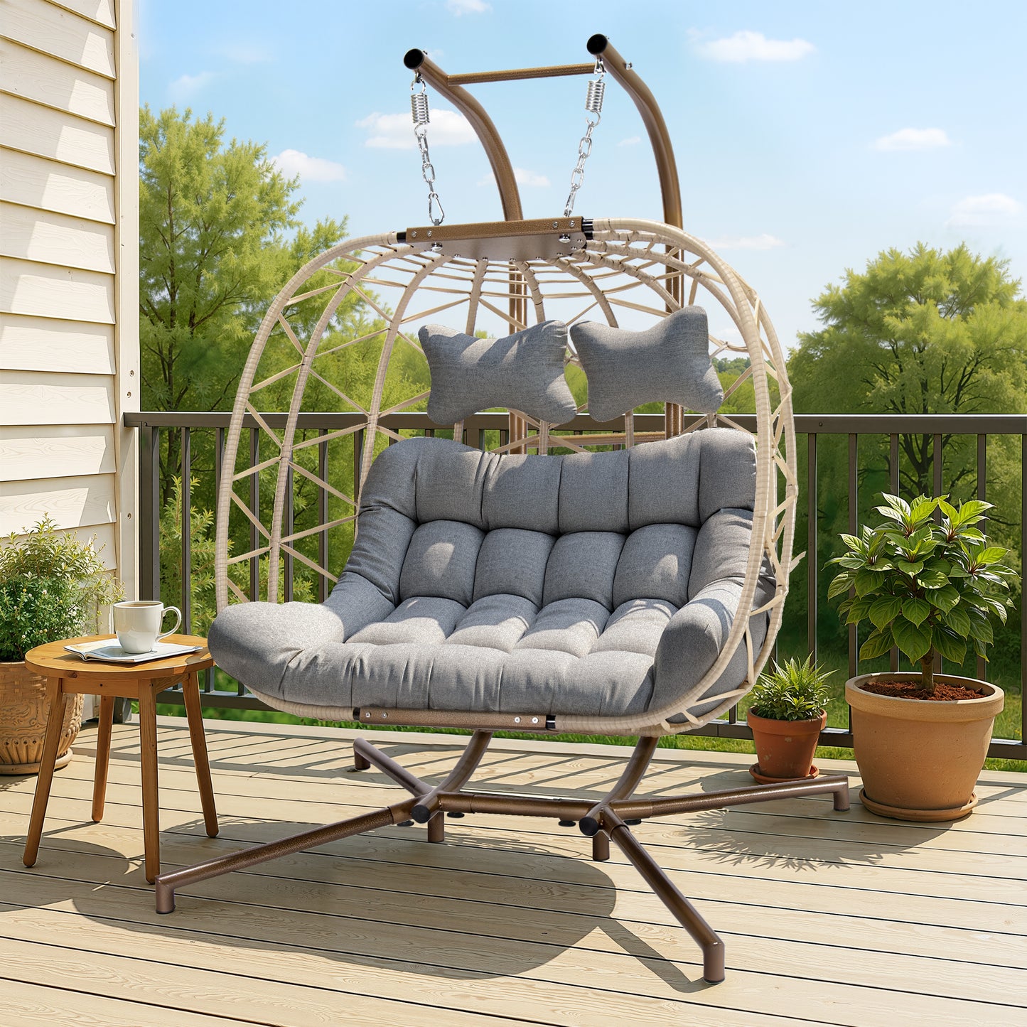 Double Wicker Swing Egg Chair 2 Person Hanging Egg Chair with Stand, Porch Swing Loveseat 700LBS Capacity for Indoor Outdoor, Black