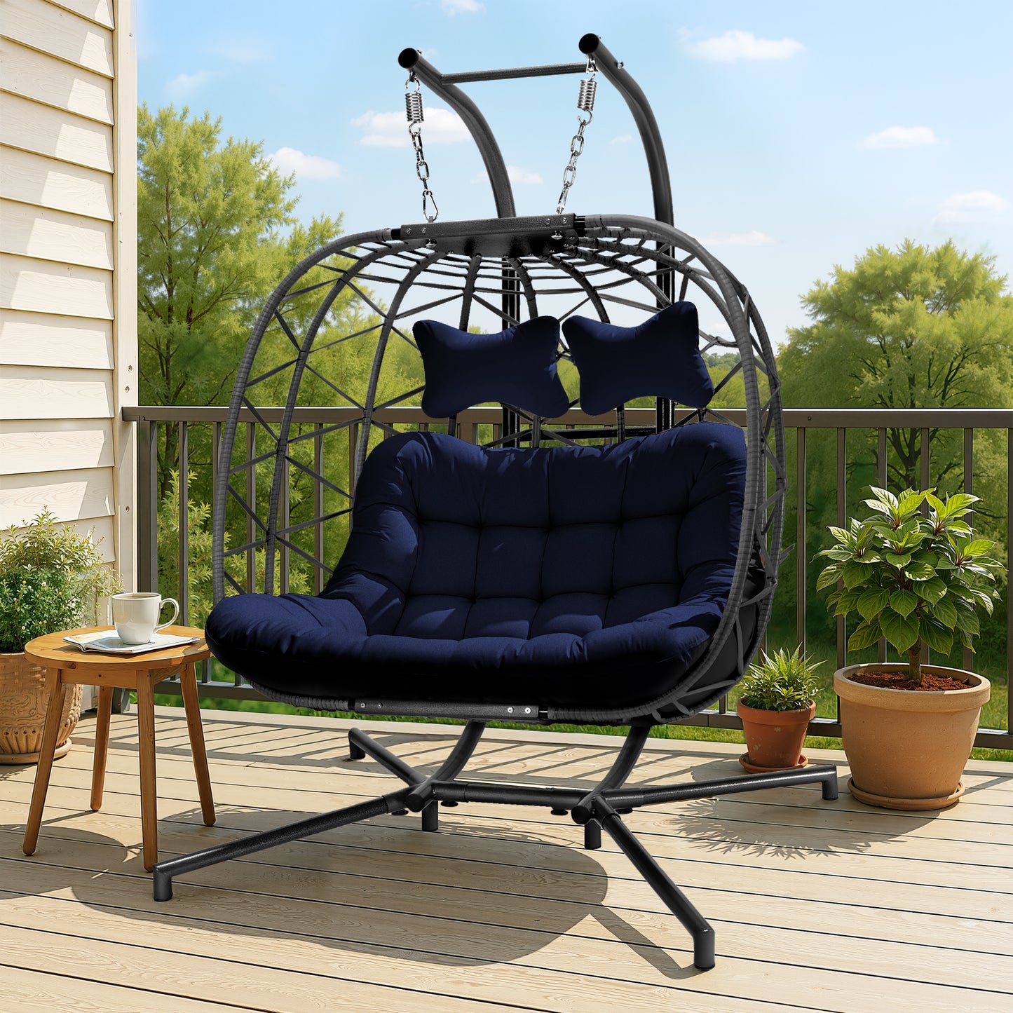 Double Wicker Swing Egg Chair 2 Person Hanging Egg Chair with Stand, Porch Swing Loveseat 700LBS Capacity for Indoor Outdoor, Black