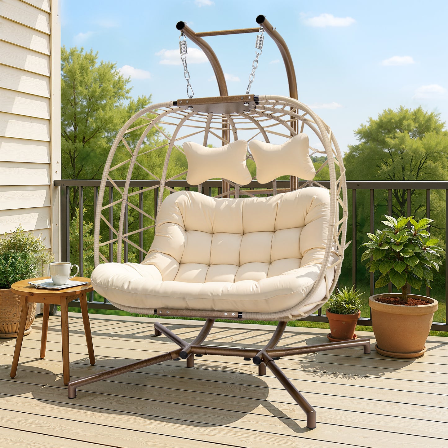 Double Wicker Swing Egg Chair 2 Person Hanging Egg Chair with Stand, Porch Swing Loveseat 700LBS Capacity for Indoor Outdoor, Black