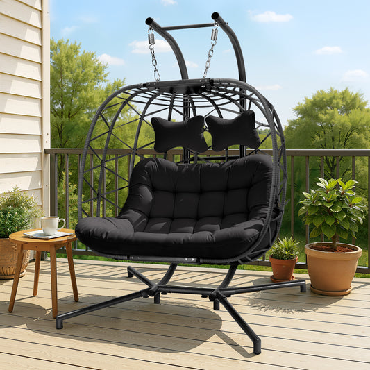 Double Wicker Swing Egg Chair 2 Person Hanging Egg Chair with Stand, Porch Swing Loveseat 700LBS Capacity for Indoor Outdoor, Black