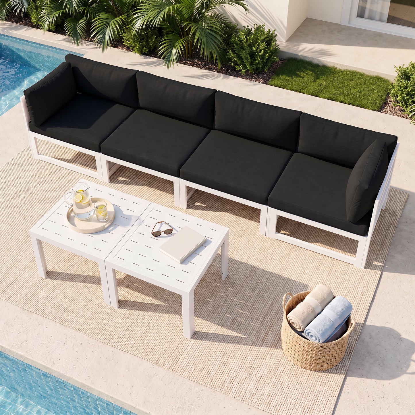 RADIATA 6pcs Outdoor Aluminum Furniture Set with 29" Seats, Oversized Modular Conversation Set Sectional Sofa, 500 lb Capacity,4" Cushions, 2 Corner&2 Armless Chairs&2 Tables