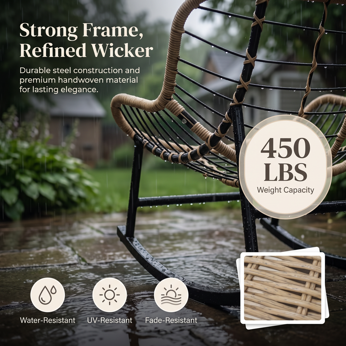 RADIATA Oversized Outdoor Papasan Rocking Chair with 5.1" Cushion, 450 lb Heavy-Duty Rattan Patio Rocker Chair, Water-Resistant Lounge Chair for Porch, Garden, Bedroom