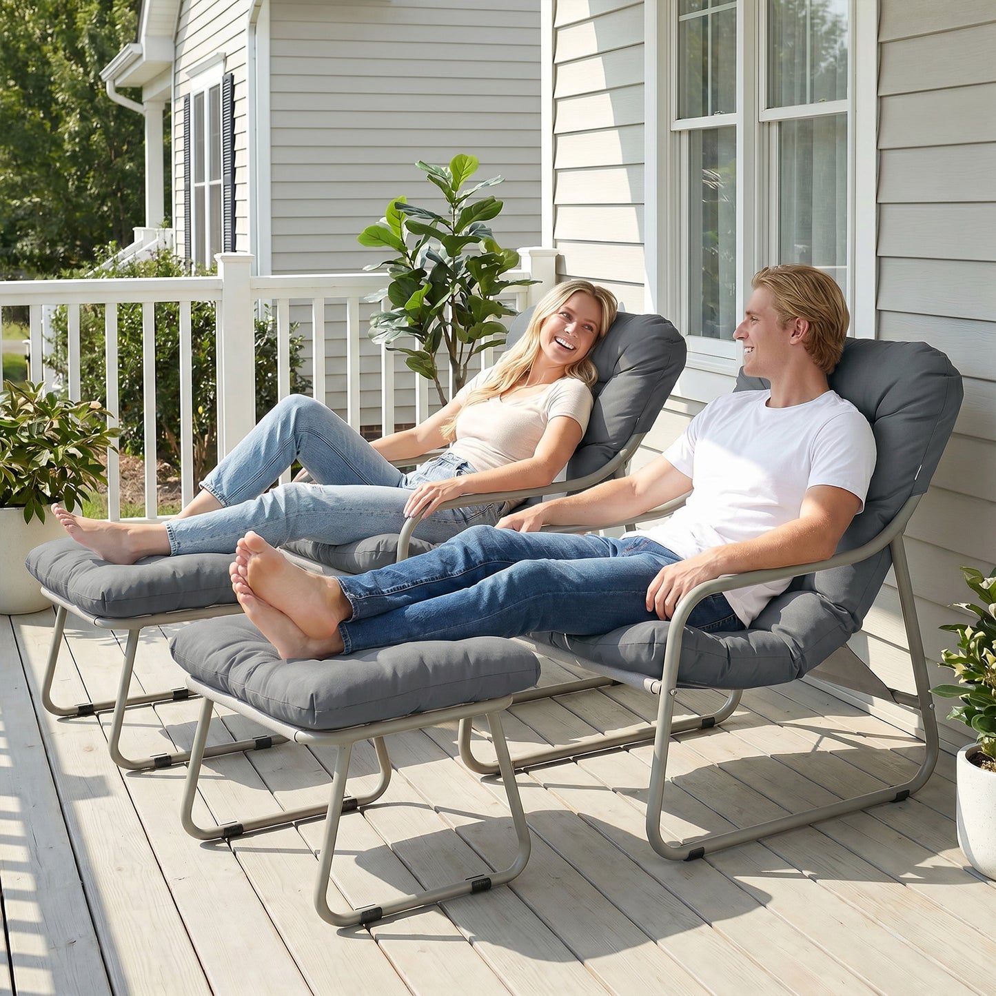 RADIATA Patio Lounge Chair with Armrests & Patio Chair and Ottoman, Oversized Papasan Chair, Heavy Duty 400lbs, Outdoor Chair with Foot Rest, 2PCS,Beige