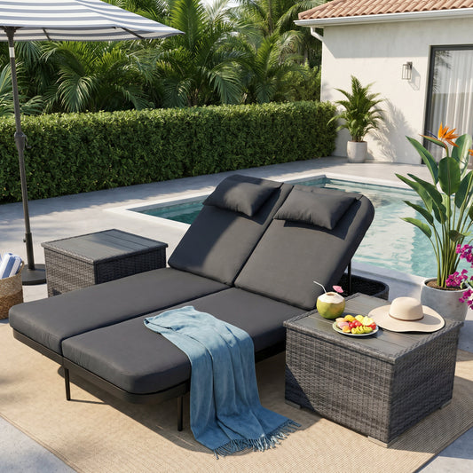 RADIATA 51.2" 2-Person Outdoor Double Chaise Lounge Outdoor Daybed With Independent 5-Position Backrests, 4.1" Cushions, 800 lb Capacity, Patio Chaise Lounge Chair,Dark Gray