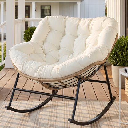 RADIATA Oversized Outdoor Papasan Rocking Chair with 5.1" Cushion, 450 lb Heavy-Duty Rattan Patio Rocker Chair, Water-Resistant Lounge Chair for Porch, Garden, Bedroom