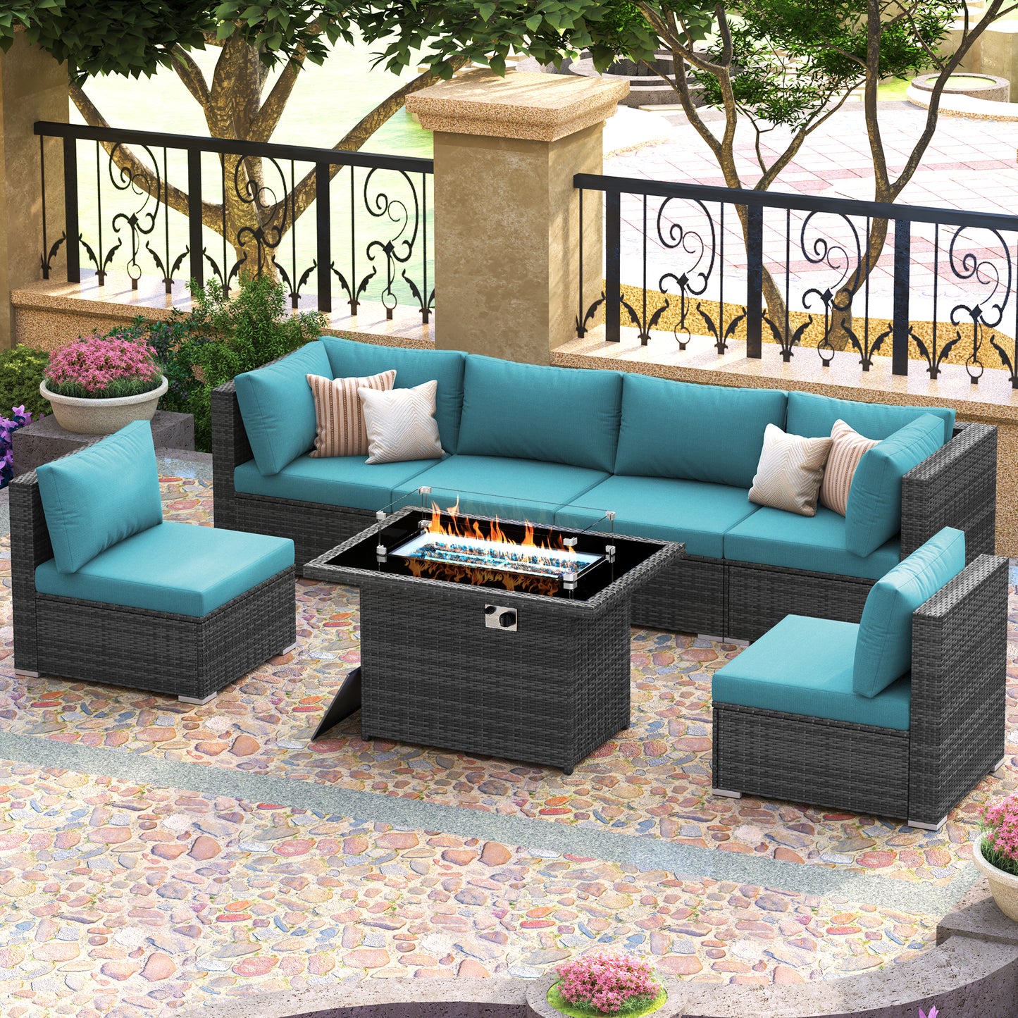 RADIATA 7-Piece Patio Furniture Set with Fire Pit Table – Modern Luxury 29.3'' High Back Patio Furniture Sectional, Outdoor Sectional with Fire Pit for Backyard Conversation & Lounge