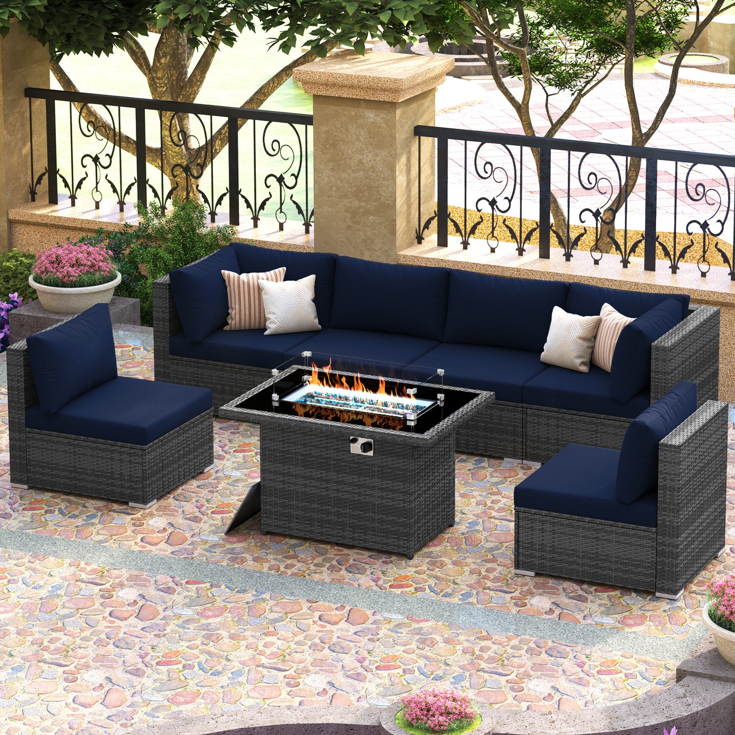 RADIATA 7-Piece Patio Furniture Set with Fire Pit Table – Modern Luxury 29.3'' High Back Patio Furniture Sectional, Outdoor Sectional with Fire Pit for Backyard Conversation & Lounge