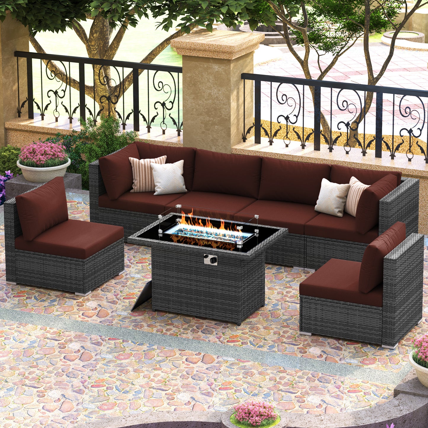 RADIATA 7-Piece Patio Furniture Set with Fire Pit Table – Modern Luxury 29.3'' High Back Patio Furniture Sectional, Outdoor Sectional with Fire Pit for Backyard Conversation & Lounge