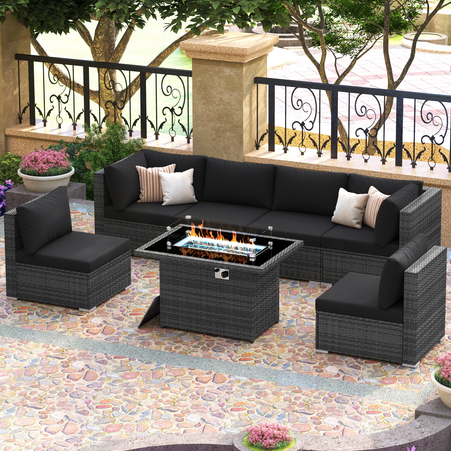 RADIATA 7-Piece Patio Furniture Set with Fire Pit Table – Modern Luxury 29.3'' High Back Patio Furniture Sectional, Outdoor Sectional with Fire Pit for Backyard Conversation & Lounge