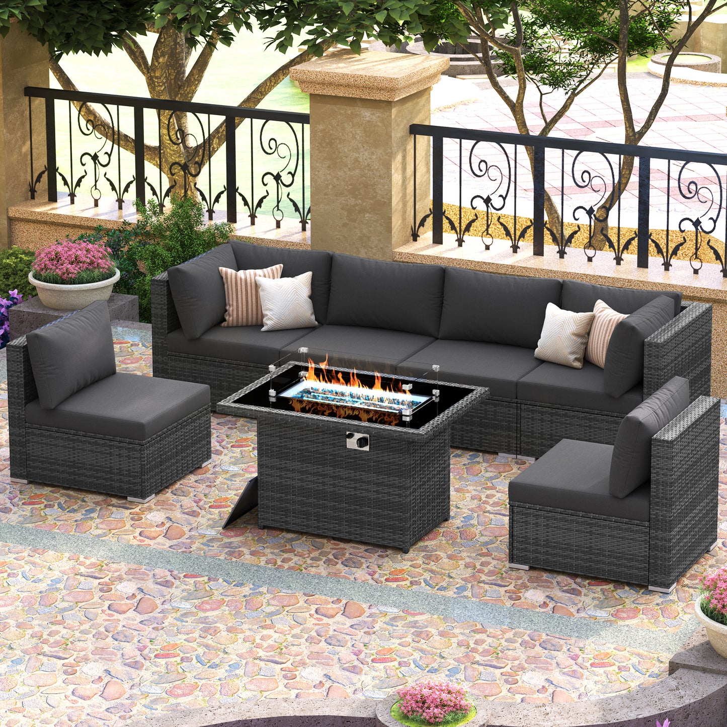 RADIATA 7-Piece Patio Furniture Set with Fire Pit Table – Modern Luxury 29.3'' High Back Patio Furniture Sectional, Outdoor Sectional with Fire Pit for Backyard Conversation & Lounge