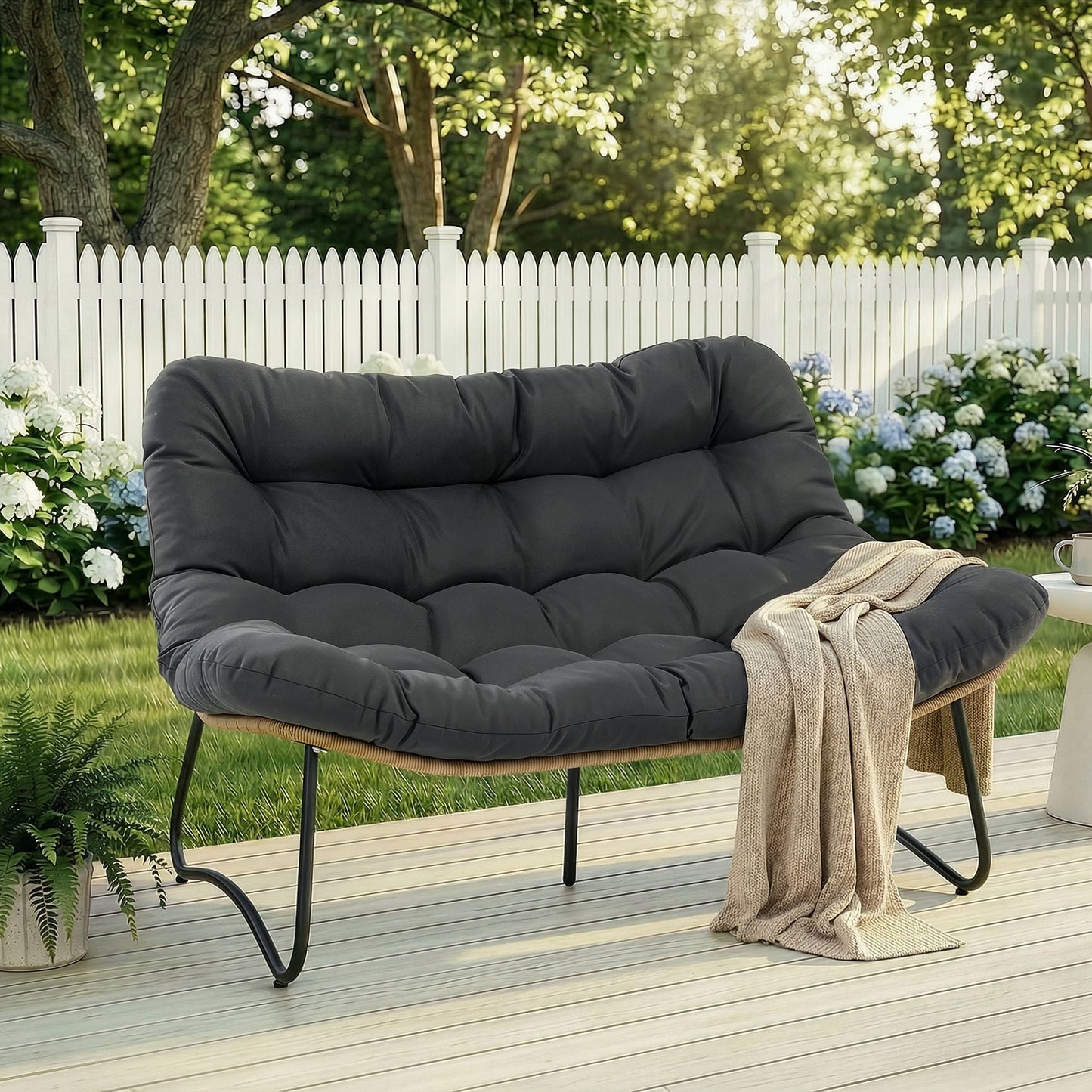 Radiata Patio Loveseat, Outdoor Loveseat, Double Papasan Lounge Chair, Outdoor Wicker Loveseat – 5.5" Thick Cushion, 600 Lb Capacity,Dark Gray