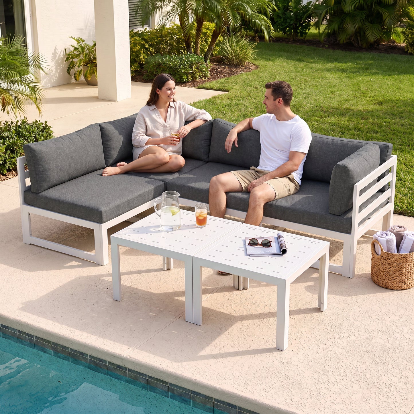 RADIATA 6pcs Outdoor Aluminum Furniture Set with 29" Seats, Oversized Modular Conversation Set Sectional Sofa, 500 lb Capacity,4" Cushions, 2 Corner&2 Armless Chairs&2 Tables