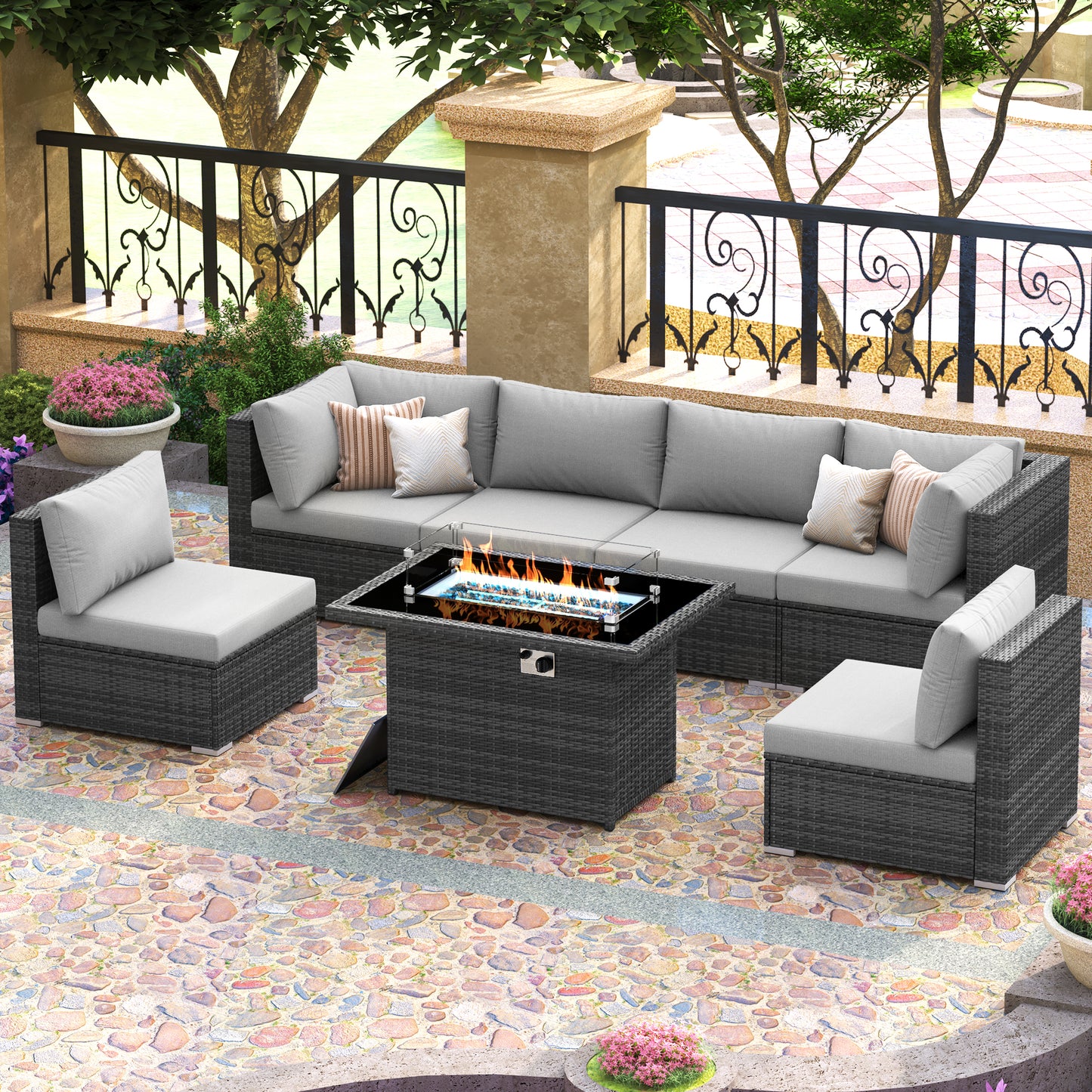RADIATA 7-Piece Patio Furniture Set with Fire Pit Table – Modern Luxury 29.3'' High Back Patio Furniture Sectional, Outdoor Sectional with Fire Pit for Backyard Conversation & Lounge