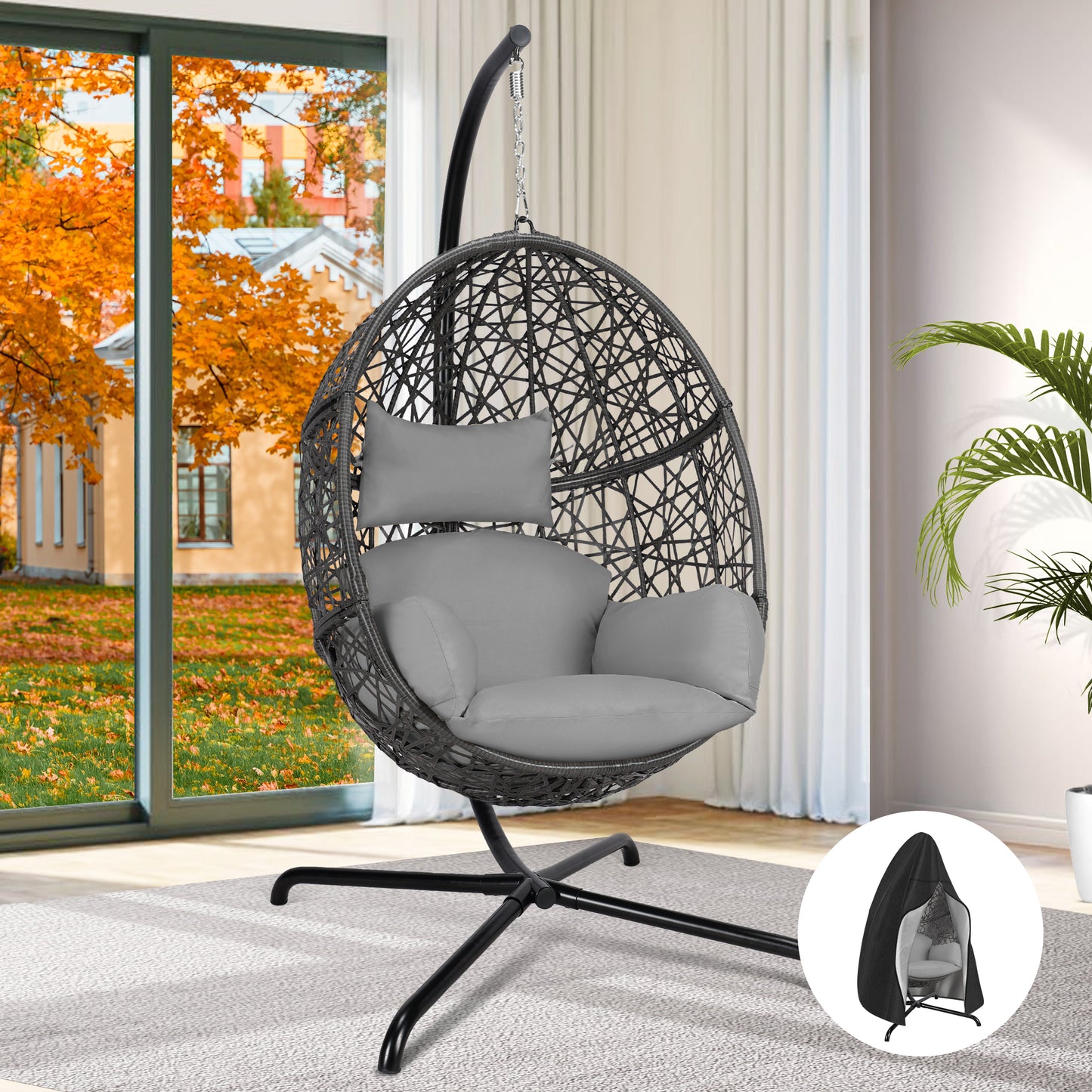 RADIATA Swing Egg Chair Bird Nest Cage Chair with Stand Thicken Gray UV-Resistant Cushion Indoor Outdoor Premium Rattan Wovend Sturdy Metal Frame 275lbs Capacity for Bedroom Living Room