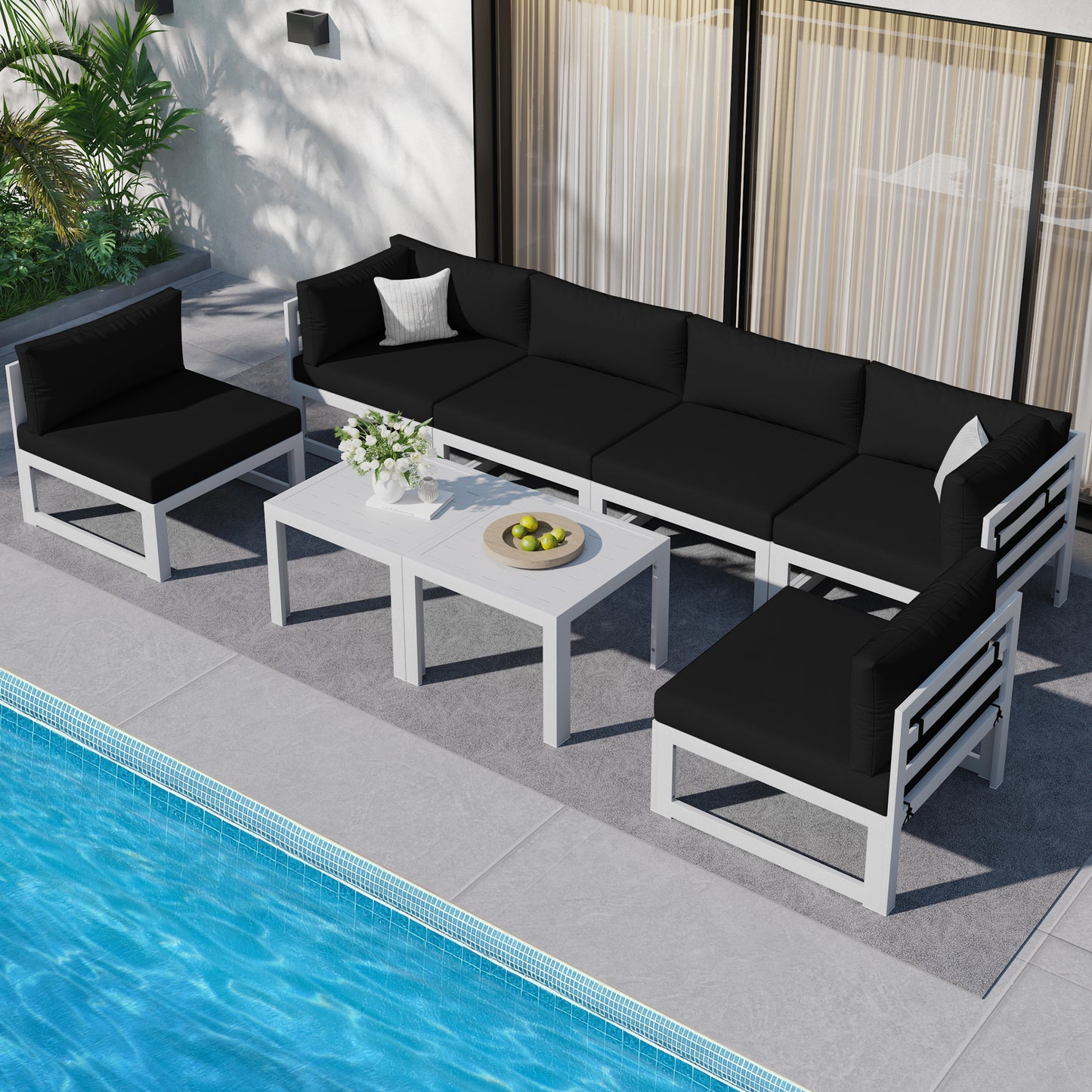 RADIATA 7 Pieces Aluminum Outdoor Patio Sectional Furniture Sofa Set with Fire Pit Table Large Size Luxury Comfortable Durable Water/UV-Resistant Garden Porch Backyard Party