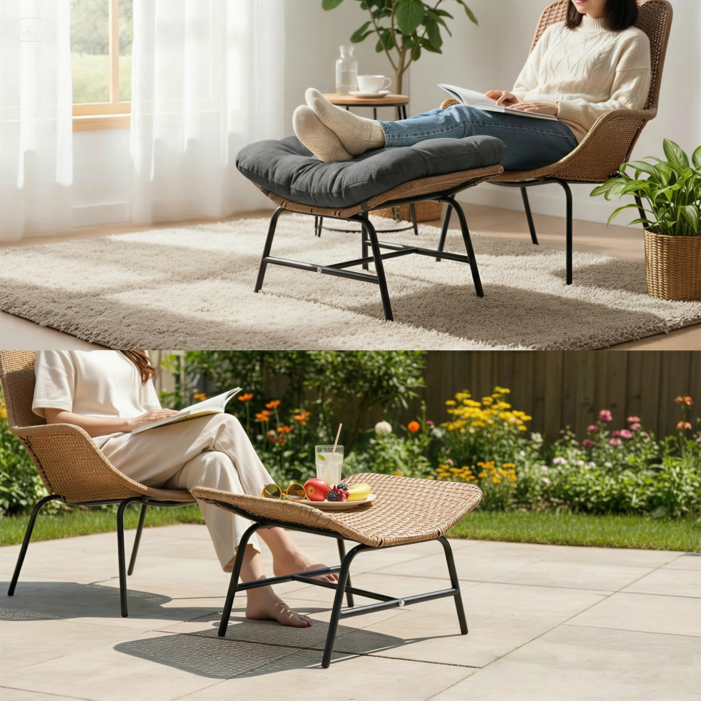 RADIATA 2Pcs Footrest Stool for Egg Chair Outdoor, Boho Portable Comfy Ottoman with Thick Cotton Cushion Padded Sofa Stool with Metal Frame for Lazy Chair, Living Room & Bedroom,Gray