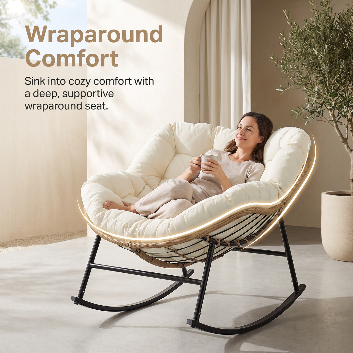 RADIATA Oversized Outdoor Papasan Rocking Chair with 5.1" Cushion, 450 lb Heavy-Duty Rattan Patio Rocker Chair, Water-Resistant Lounge Chair for Porch, Garden, Bedroom
