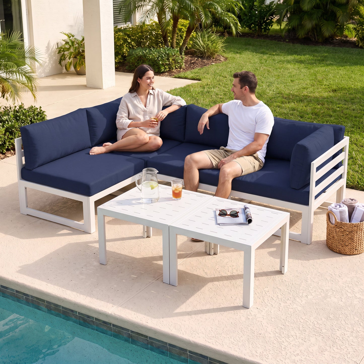 RADIATA 6pcs Outdoor Aluminum Furniture Set with 29" Seats, Oversized Modular Conversation Set Sectional Sofa, 500 lb Capacity,4" Cushions, 2 Corner&2 Armless Chairs&2 Tables