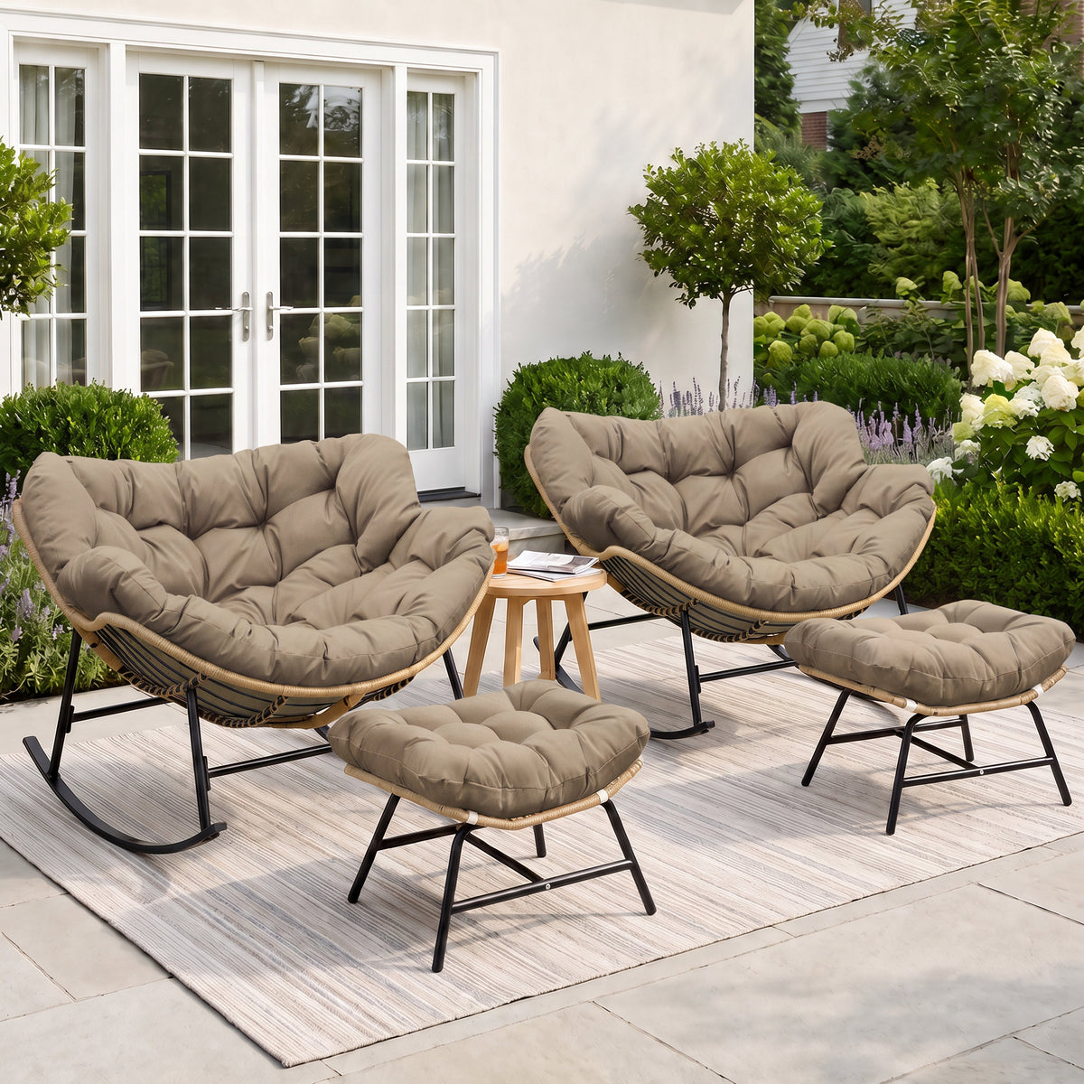 RADIATA Oversized Outdoor Papasan Rocking Chair with 5.1" Cushion, 450 lb Heavy-Duty Rattan Patio Rocker Chair, Water-Resistant Lounge Chair for Porch, Garden, Bedroom