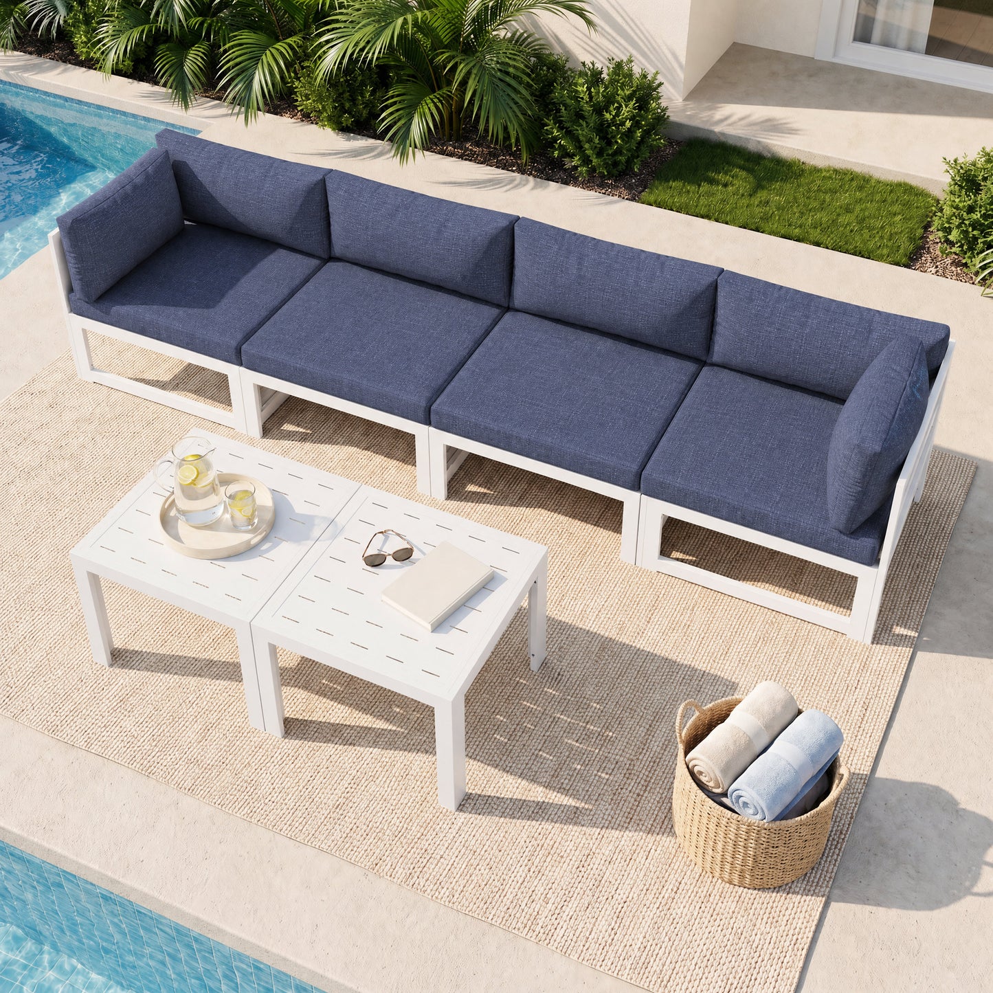 RADIATA 6pcs Outdoor Aluminum Furniture Set with 29" Seats, Oversized Modular Conversation Set Sectional Sofa, 500 lb Capacity,4" Cushions, 2 Corner&2 Armless Chairs&2 Tables