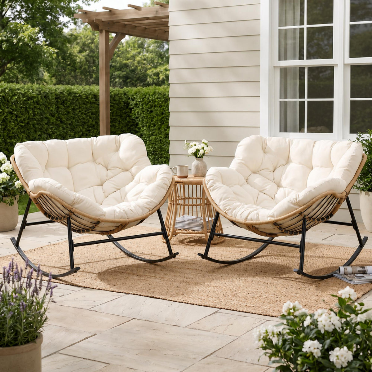 RADIATA Oversized Outdoor Papasan Rocking Chair with 5.1" Cushion, 450 lb Heavy-Duty Rattan Patio Rocker Chair, Water-Resistant Lounge Chair for Porch, Garden, Bedroom