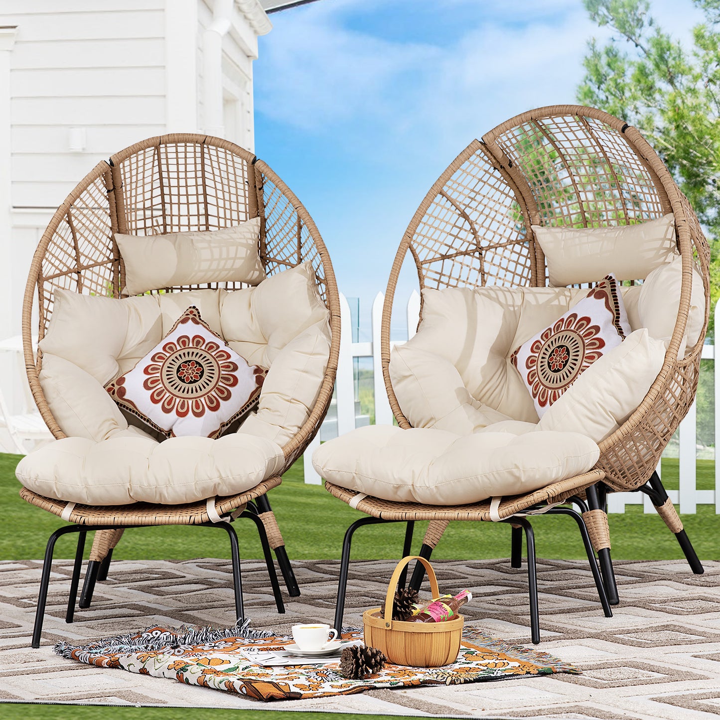 FINCATI 2 PCS Beige Oversized Wicker Egg Chair with Legs and Ottoman Outdoor Indoor Large Egg Basket Lounge Chair with Footstool for Bedroom Patio Balcony Front Porch Garden