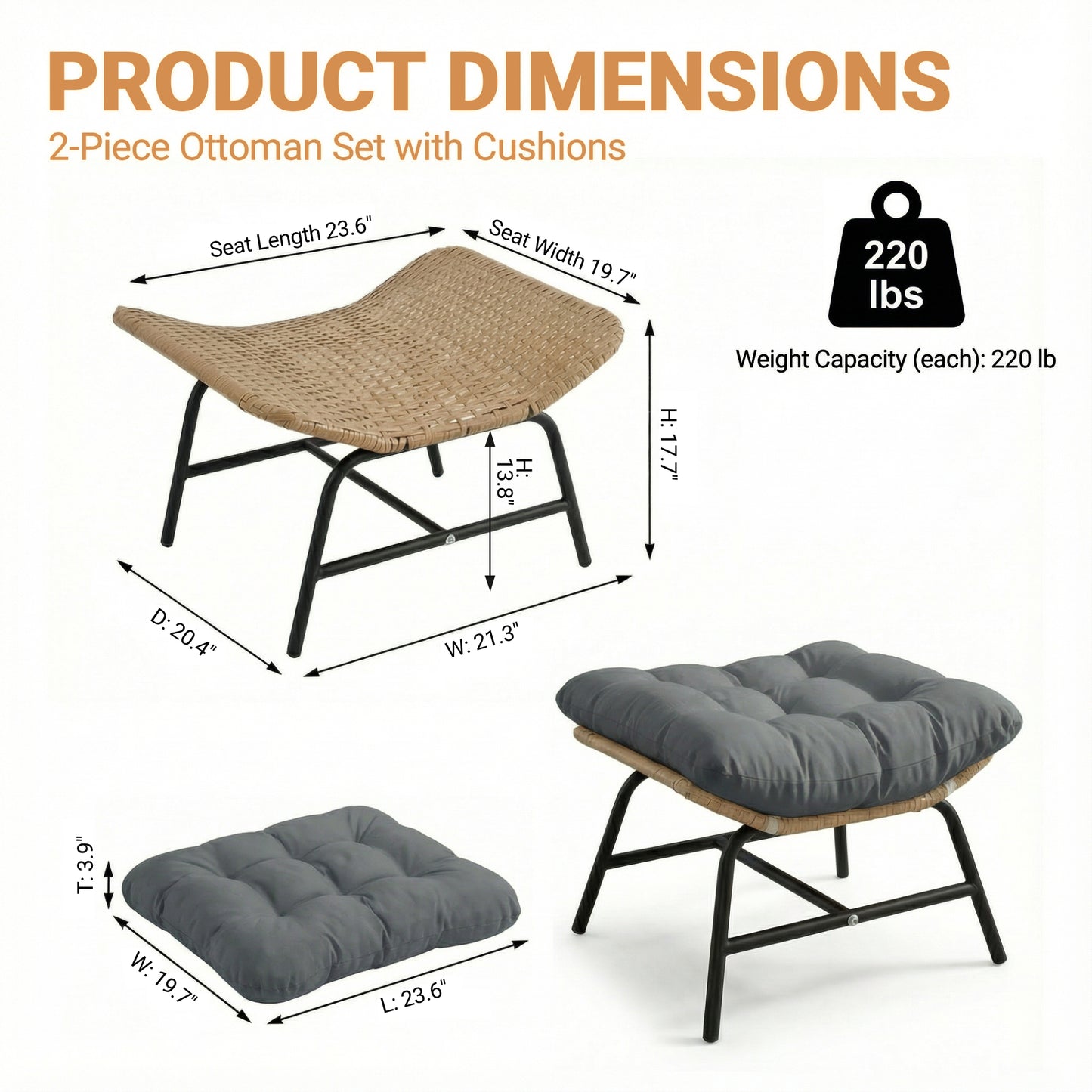 RADIATA 2Pcs Footrest Stool for Egg Chair Outdoor, Boho Portable Comfy Ottoman with Thick Cotton Cushion Padded Sofa Stool with Metal Frame for Lazy Chair, Living Room & Bedroom,Gray