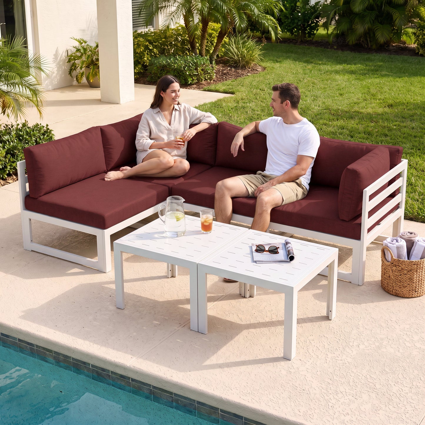 RADIATA 6pcs Outdoor Aluminum Furniture Set with 29" Seats, Oversized Modular Conversation Set Sectional Sofa, 500 lb Capacity,4" Cushions, 2 Corner&2 Armless Chairs&2 Tables