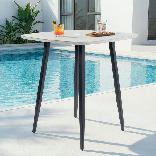 RADIATA Aluminum Bar Height Patio Table, Scratch-Resistant Marble-Look Tabletop with Umbrella Hole, High Top Outdoor Table (200 lb Capacity)
