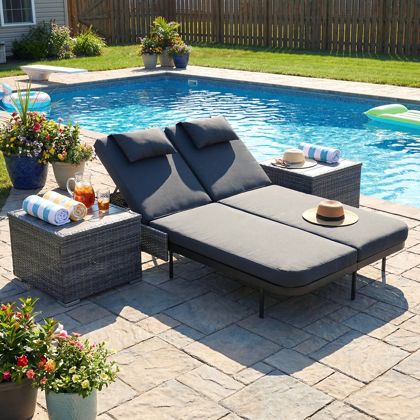 RADIATA 51.2" 2-Person Outdoor Double Chaise Lounge Outdoor Daybed With Independent 5-Position Backrests, 4.1" Cushions, 800 lb Capacity, Patio Chaise Lounge Chair,Dark Gray