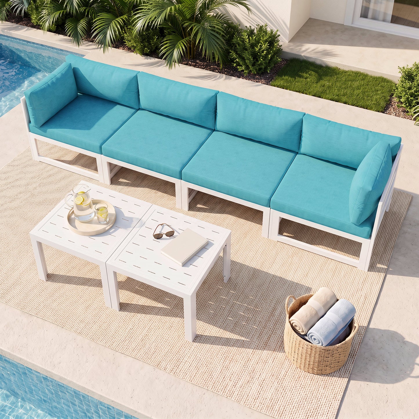 RADIATA 6pcs Outdoor Aluminum Furniture Set with 29" Seats, Oversized Modular Conversation Set Sectional Sofa, 500 lb Capacity,4" Cushions, 2 Corner&2 Armless Chairs&2 Tables