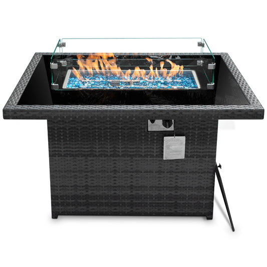 RADIATA Outdoor 43'' Rectangular Gray Wicker Propane Fire Pit Table 55,000 BTU Output Safe Certified
